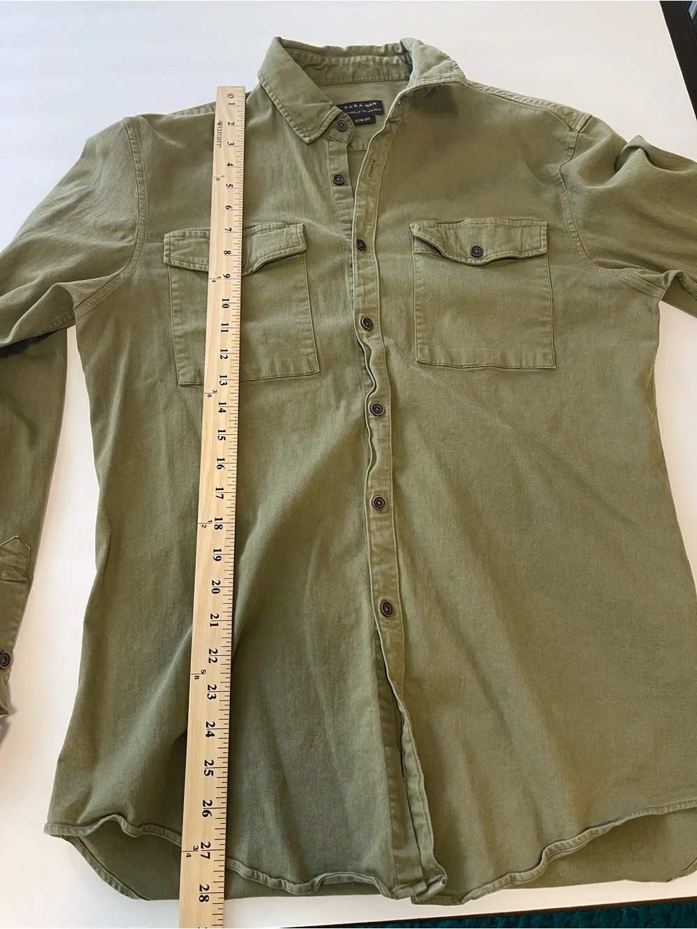 Zara Man Shirt Button Up Large Slim Fit Olive Green Utility Gorpcore Pockets